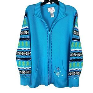 Quacker Factory Fair Isle Sweater L Festive Blue Beaded Snowflake
